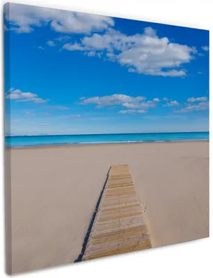 Produktbild von Wallario Premium Leinwandbild Auf dem Holzweg zum blauen Meer in Größe 50 x 50 cm