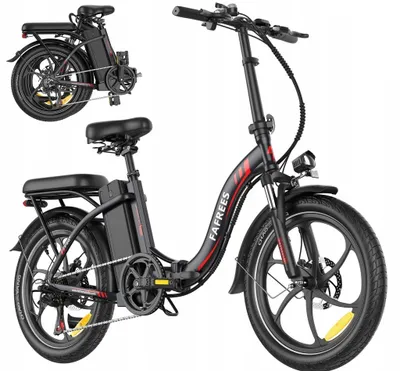 A black foldable electric bicycle with red accents is shown against a white background. A smaller, folded version of the same bicycle is visible in the upper left corner.