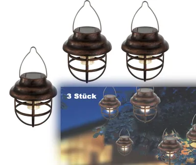 A collage of solar-powered lanterns, with some shown on a white background and others in a nighttime garden setting.