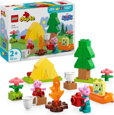 Produktbild von LEGO Peppa Wutz, Lern- & Motorikspielzeug, Campingausflug Set, inkl. Zelt, Kanu, Lagerfeuer & 2 Minifiguren, Farbensortierung, für Kinder ab 2 Jahren, Modell 10452, Baum Maße: 14x10x4cm (HxBxT), 32 Teile