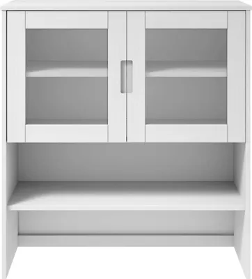A white wooden hutch with glass doors and shelves.