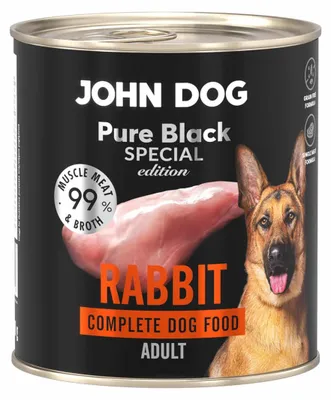 Produktbild von John Dog Hundefutter Kaninchen - Premium Getreidefreies Hundenassfutter mit 99% Fleisch - Monoprotein Nassfutter - Pure Black Special Edition 800g