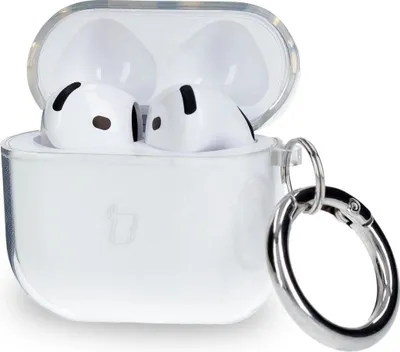 A clear protective case for Apple AirPods with a carabiner clip attached.