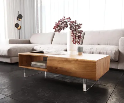 Produktbild von DELIFE Couchtisch New Live-Edge 115x60 cm Akazie Natur 2 Schubladen 1 Fach Acrylfuß