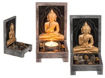Produktbild von OOTB Holz-Teelichthalter Buddha mit Dekosteinen