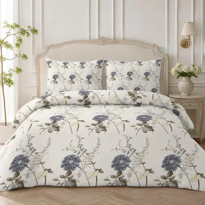 Zdjęcie produktu dla Komplet pościeli 200x200 cm, kolor szaro-niebieski, wzór kwiatowy, mikrofibra, 3-częściowy, z zamkiem błyskawicznym