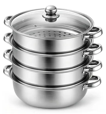 Immagine prodotto di Pentola a vapore in acciaio inossidabile da 28 cm con coperchio in vetro, dotata di 4 livelli e adatta per piani cottura a induzione