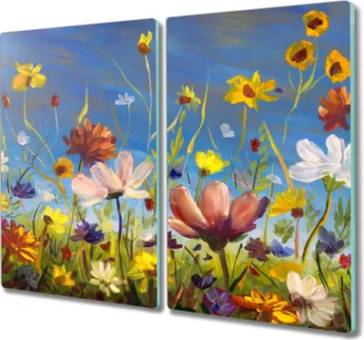 Produktbild von Coloray Herdabdeckplatte 2x30x52 cm Schneidebrett Kochplattenabdeckung Küchenbrett Hackbrett - Malerei Blumen Wiese
