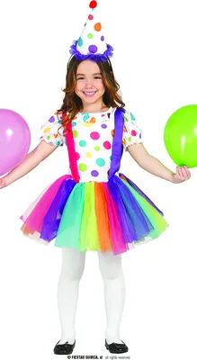 A young girl dressed as a circus clown, holding balloons.
