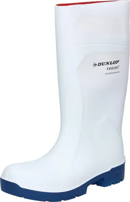A white Dunlop Purofort boot with a blue sole and red trim inside.