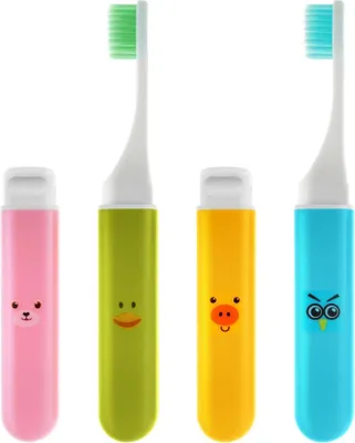 Image de set de 4 mini-brosses à dents avec étui, design cartoon, poils doux, idéal pour le voyage, le camping, l'école
