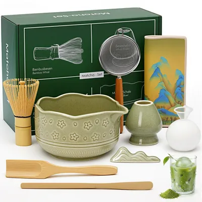 Produktbild von Matcha Tee Set - Japanisches Teezeremonie Set 9 teilig - Kirschblütenschale - Besen, Löffel, Sieb, Tuch - Keramik - Grün