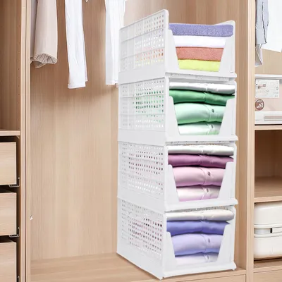 Produktbild von 4er Set Groß Schubladenbox,Stapelbare Kleiderschrank Organizer, Faltbaren Regal Aufbewahrungsbox,Plastik Körbe Lagerkisten für 33.5x43x96cm Weiß