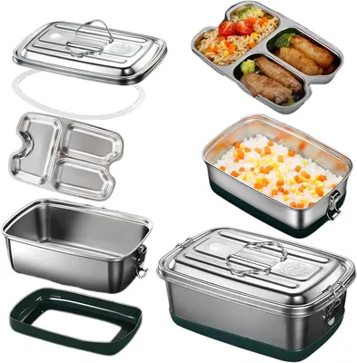 Image de Boîte repas en acier inoxydable, 2000 ml, avec 3 compartiments, à double paroi, étanche, idéale pour le travail