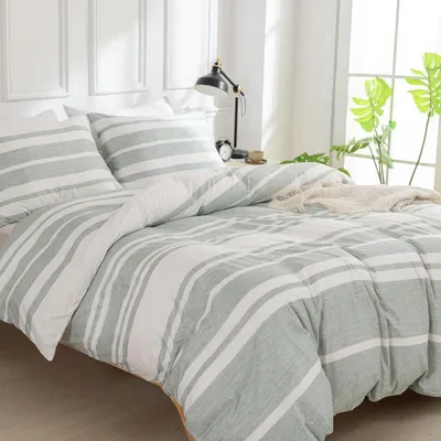Immagine prodotto di Set di lenzuola composto da 3 pezzi: lenzuola con motivo a righe verdi in microfibra, dimensioni 240x220 cm, e 2 federe da 50x75 cm, con chiusura a zip