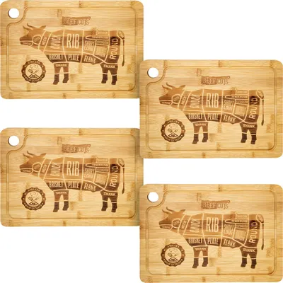 Productafbeelding van Snijplank set van 4 stuks, 33x23x2 cm, bambushouten plank met rundergravure