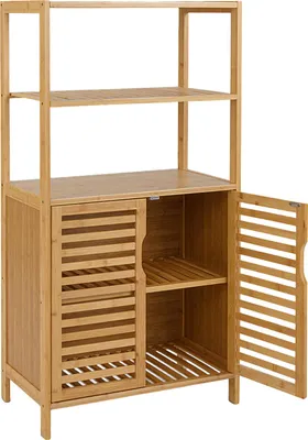 Produktbild von GOPLUS Bücherregal aus Bambus, Standregal mit 2 Ablagefächern & Schrank, Aufbewahrungsregal mit Lamellentüren, 60 × 33 × 115 cm, Natur