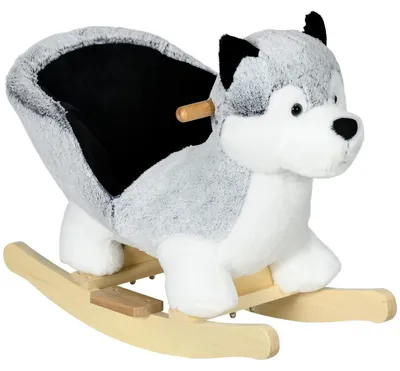 Zdjęcie produktu dla Huśtawka dla dzieci w kształcie husky'ego - drewniana huśtawka konik, obita siedzisko, wymiary 60x33x50 cm, przeznaczona dla dzieci w wieku 18–36 miesięcy, kolor: oliwkowy