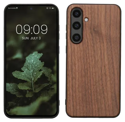 Produktbild von kwmobile Handyhülle für Samsung Galaxy S24 FE Hülle Holz - Case mit TPU Bumper - Stoßfestes Hardcase - Schutzhülle Cover in Dunkelbraun