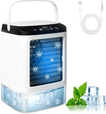 Produktbild von Mobile Klimaanlage, 4-in-1 Mobiles Klimagerät, Mini Luftkühler mit 3 Luftgeschwindigkeiten & 2 Kühlnebel, Air Cooler Persönlich Ventilator 900ML& 60°Oszillation für Zimmer Büro