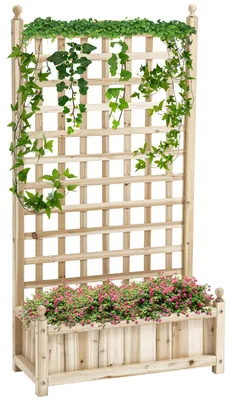 Image de Outsunny : Plate-bande surélevée avec treillis, jardinière à plantes grimpantes, arche pour rosiers, en bois, aspect naturel