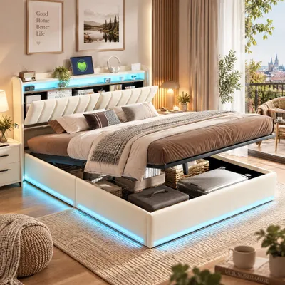Produktbild von Polsterbett 160x200cm mit Bettkasten,LED Doppelbett mit Stauraum-Kopfteil und USB,Boxspringbett mit Lattenrost, Samt, Beige(ohne Matratze)