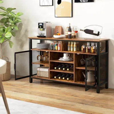 Produktbild von Buffetschrank - Anrichte - Aufbewahrungsschrank - Küchenschrank - Weinkühlschrank - Birkeholz und schwarzes Metall