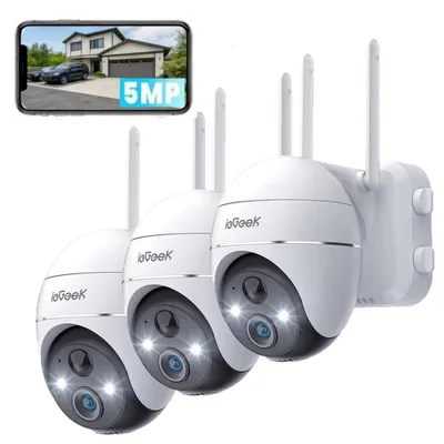 Produktbild von ieGeek 5MP Überwachungskamera Aussen Akku 355°/120° Pan Tilt WLAN Kamera mit Farbnachtsicht solar Kamera Überwachung außen PIR Bewegungsmelder 3PC