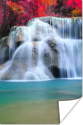 Produktbild von MuchoWow® Poster Wasserfall - Bäume - Rot - Landschaft - Natur 120x180 cm - Kunstposter