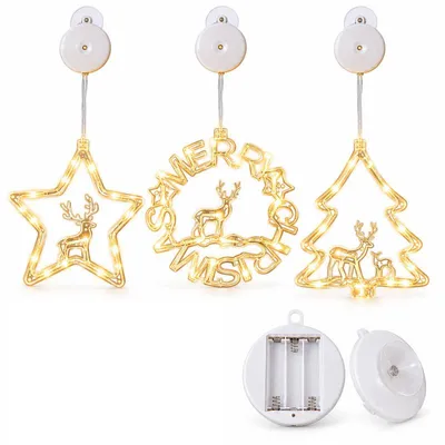 Produktbild von Weihnachtsbeleuchtung Fenster 3er Set, LED Dekolicht warmweiß, Stern Baum Rentier, mit Saugnapf für Weihnachtsdeko