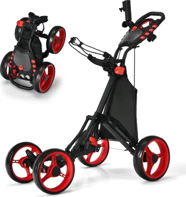 Produktbild von Golf Trolley 4 Rad Golftrolley Golfwagen Golf klappbar Golfcaddy Golf Push Cart aus Aluminum Rot