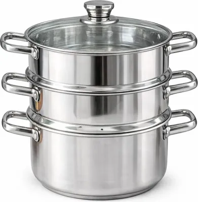 Produktbild von Edelstahltopf 26 cm, multifunktionaler Kochtopf, Dampfgarer Edelstahl, vielseitiger Topf, Kochtopf mit Dampfeinsatz, hochwertiger Edelstahltopf, Küchentopf 26 cm, Topfset Einzeltopf, Edelstahl Kochgeschirr, gesund dämpfen, mehrschichtiger Edelstahl, spülm