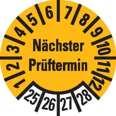 Produktbild von Dreifke® Prüfplakette Nächster Prüftermin, 25-28, gelb, Dokumentenfolie, Ø 10...