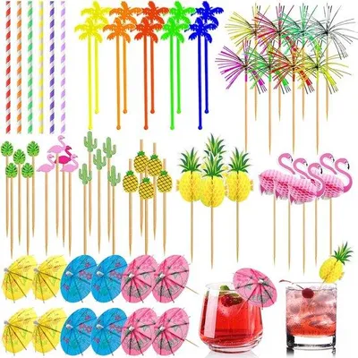 Produktbild von 136 Stuks Cocktail Sticks Deko Set, Deko Accessoires für Sommerfest, Gemischte Cocktail Stäbchen, Vuurwerkstokke, Roerstäbchen, Riedchen, Sommerfest Deko