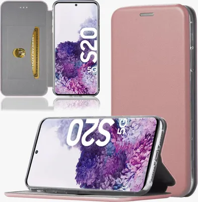 A collage of images showing a rose gold phone case for a Samsung Galaxy S20, with different angles and views.