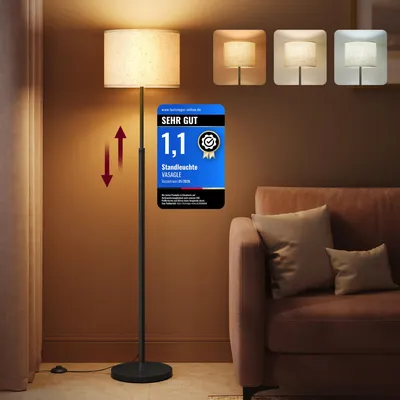 Produktbild von VASAGLE Stehlampe Wohnzimmer, 140-170 cm höhenverstellbare Leselampe – Runderkopf + Tintenschwarz