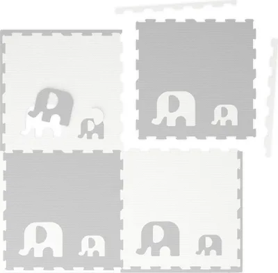 Obrázok produktu pre Relaxdays Puzzle podložka, 12-dielna detská hracia podložka s okrajom, slony, penová hmota bez škodlivých látok, detská podložka, biela/sivá