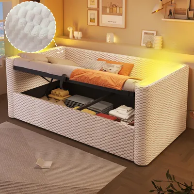 Produktbild von Tagesbett, Daybett, Schlafsofa, 90 x 200 cm, mit LED-Beleuchtung, mit hydraulischem Stauraummechanismus, Lattenrost (ohne Matratze), Samt, beige