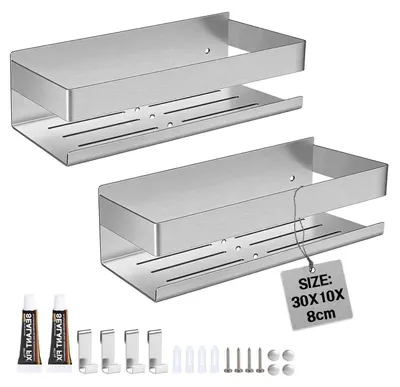Produktbild von Duschablage Edelstahl 30cm 2er Set mit 8 Haken gebürstet Silber 7.5cm hoch