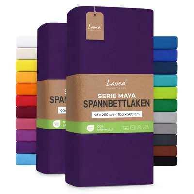 Produktbild von Lavea® 2er Pack Jersey Spannbettlaken 90/100x200 cm, 100% Baumwolle – Weiches Bettlaken für Matratzen bis 20 cm Höhe – Dunkellila
