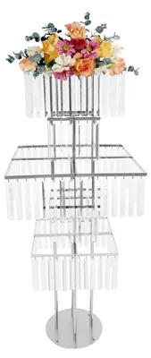 Produktbild von Hochzeit Tischdeko Blumenständer - 5-stöckige Vasenhalterung - 125 cm hoch - Runder Fuß 28 cm - Eisen und Acryl - Tragkraft 10 kg - Silber