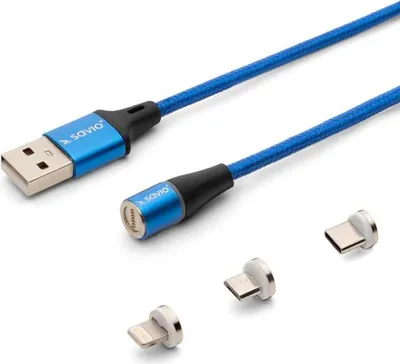 Image de SAVIO CL-157 Câble USB 2.0 USB - USB Type C, Micro et Lightning, QC et PD 3.0, magnétique, 2m, bleu