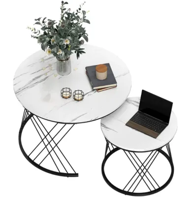 Produktbild von 2er-Set Couchtische,Runde Kaffeetische für Wohnzimmer, ineinanderstellbar, Sofatisch Weiß