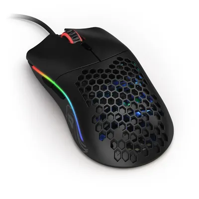 A black gaming mouse with RGB lighting is shown from a diagonal angle on a white background.