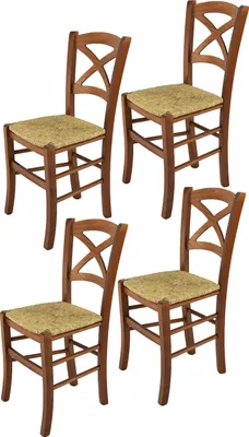 Produktbild von t m c s Tommychairs - 4er Set Stühle CROSS für Küche und Esszimmer, robuste Struktur aus lackiertem Buchenholz im Farbton Helles Nussbraun und Sitzfläche aus Stroh