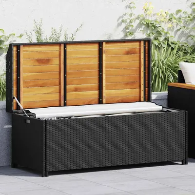 An outdoor patio setting with a storage bench.