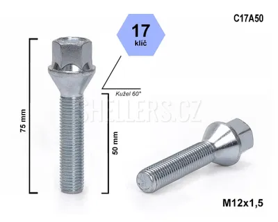 Obrázek produktu pro Kolový šroub M12x1,5x50 kužel, klíč 17, C17A50 výška 75 mm