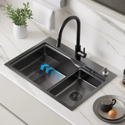 Obrázek produktu pro Kuchyňský dřez Auralum z nerezové oceli Dřez z nerezové oceli 68x48 cm, včetně dávkovače mýdla a sifonu, náhradní dřez, pro 80 cm a vyšší, černý