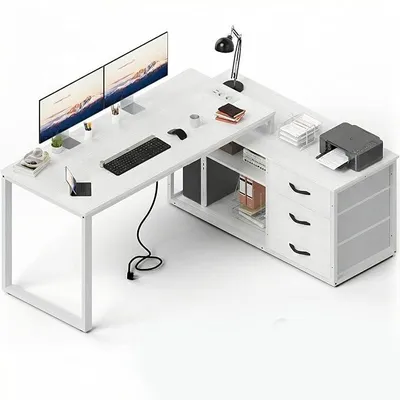 Image de Bureau avec tiroirs, 140x105x75 cm, bureau d'angle en forme de L réversible, avec 2 ports de chargement USB et 2 prises électriques, blanc