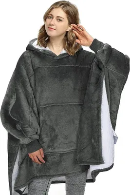 Produktbild von Kapuzenmantel, Sherpa-Kapuzenbademantel, extra groß / Morgenmantel, bequemer Bademantel für Damen und Herren, flauschig, Winterdecke - Fleece-Decke - Kapuzenpullover